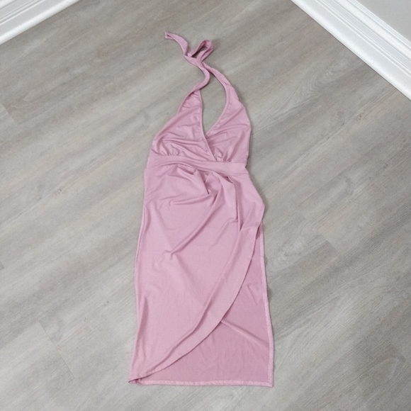 NWOT high slit faux wrap midi halter dress - Picture 3 of 12